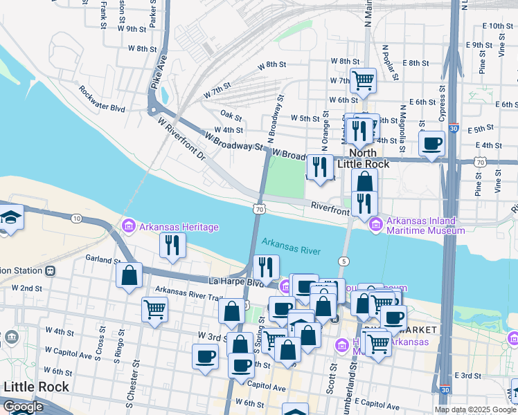 map of restaurants, bars, coffee shops, grocery stores, and more near Broadway Bridge in North Little Rock