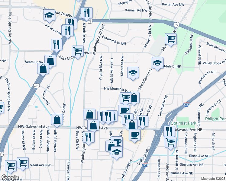 map of restaurants, bars, coffee shops, grocery stores, and more near 211 Northwest Mountain View Drive in Huntsville