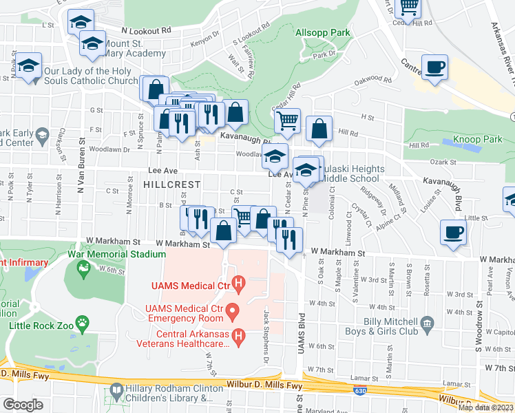 map of restaurants, bars, coffee shops, grocery stores, and more near 4118 B Street in Little Rock