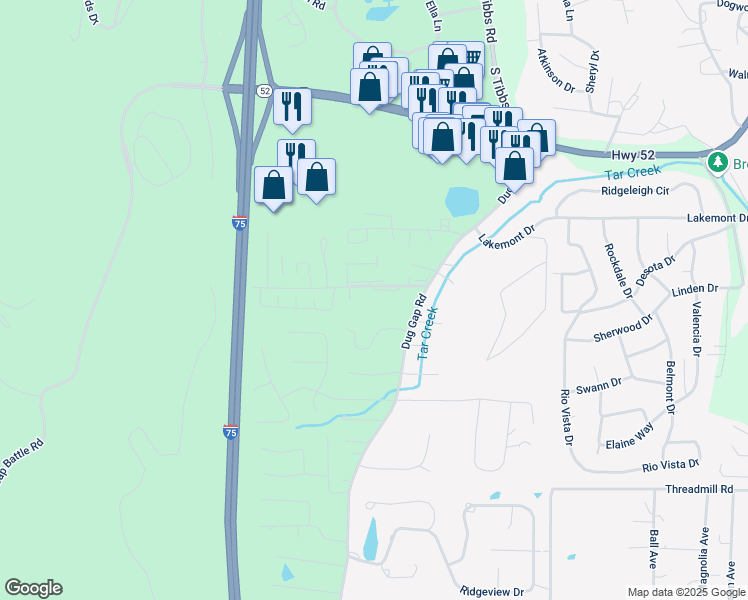 map of restaurants, bars, coffee shops, grocery stores, and more near 1425 Mineral Springs Road in Dalton