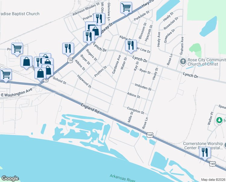 map of restaurants, bars, coffee shops, grocery stores, and more near 312 Water Street in North Little Rock
