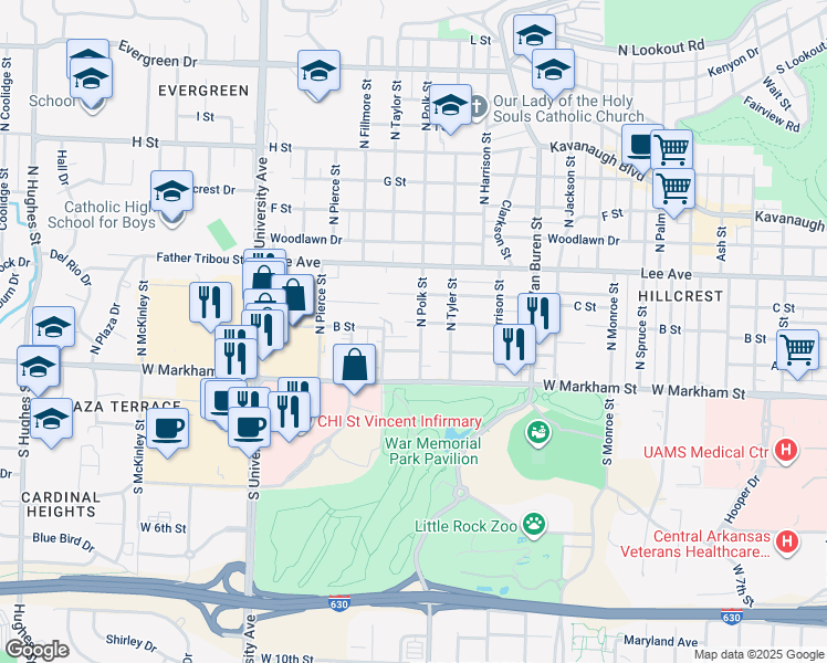 map of restaurants, bars, coffee shops, grocery stores, and more near 5503 B Street in Little Rock