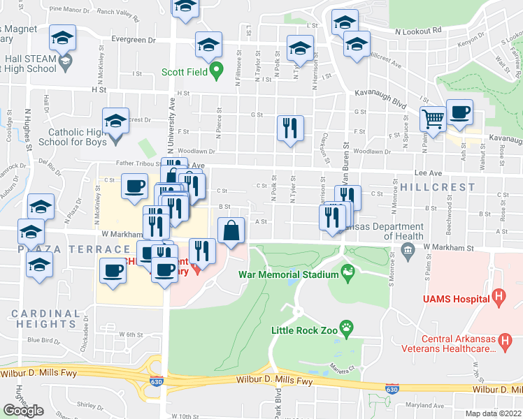 map of restaurants, bars, coffee shops, grocery stores, and more near 5503 B Street in Little Rock