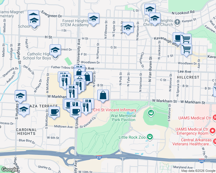 map of restaurants, bars, coffee shops, grocery stores, and more near 217 North Fillmore Street in Little Rock