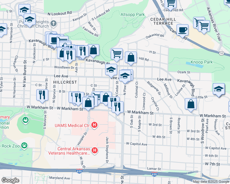 map of restaurants, bars, coffee shops, grocery stores, and more near 304 North Cedar Street in Little Rock