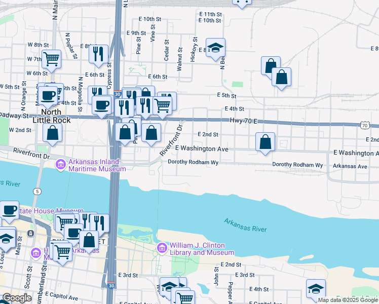 map of restaurants, bars, coffee shops, grocery stores, and more near 1012 East Washington Avenue in North Little Rock