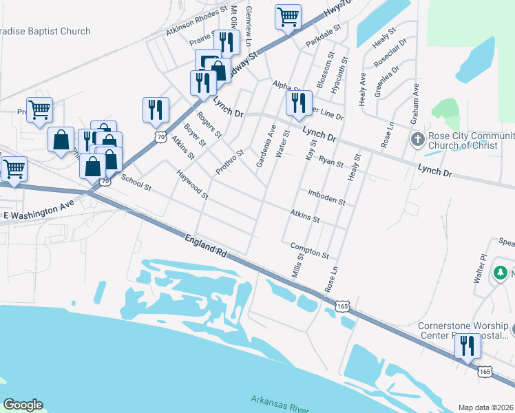 map of restaurants, bars, coffee shops, grocery stores, and more near 312 Water Street in North Little Rock