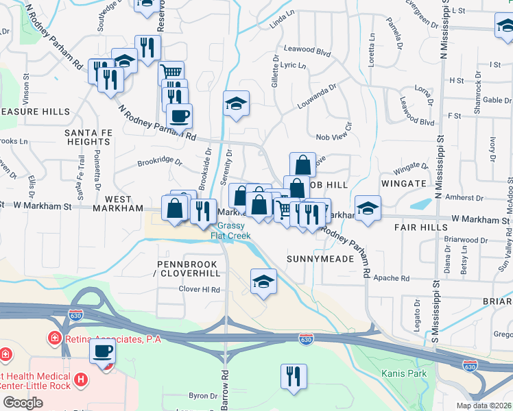 map of restaurants, bars, coffee shops, grocery stores, and more near 1 Fairbrook Drive in Little Rock
