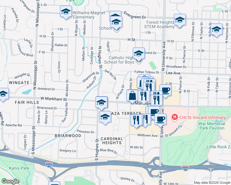 map of restaurants, bars, coffee shops, grocery stores, and more near 201 Del Rio Drive in Little Rock