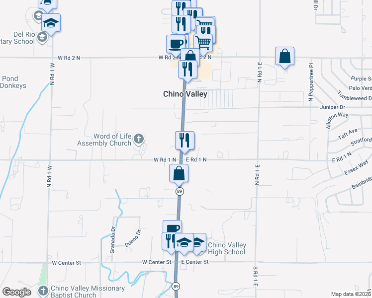 map of restaurants, bars, coffee shops, grocery stores, and more near 545 State Highway 89 in Chino Valley