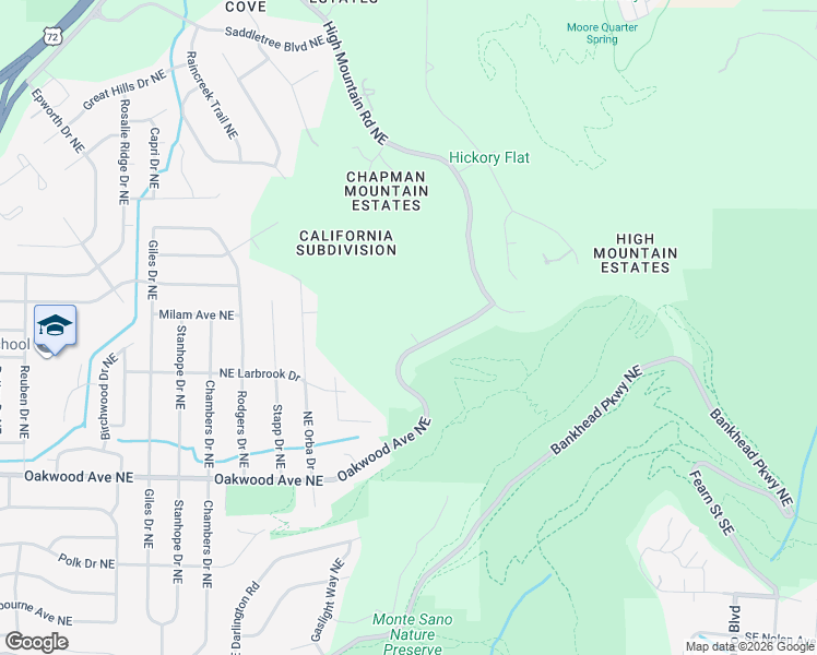 map of restaurants, bars, coffee shops, grocery stores, and more near 2501 Oakwood Avenue Northeast in Huntsville