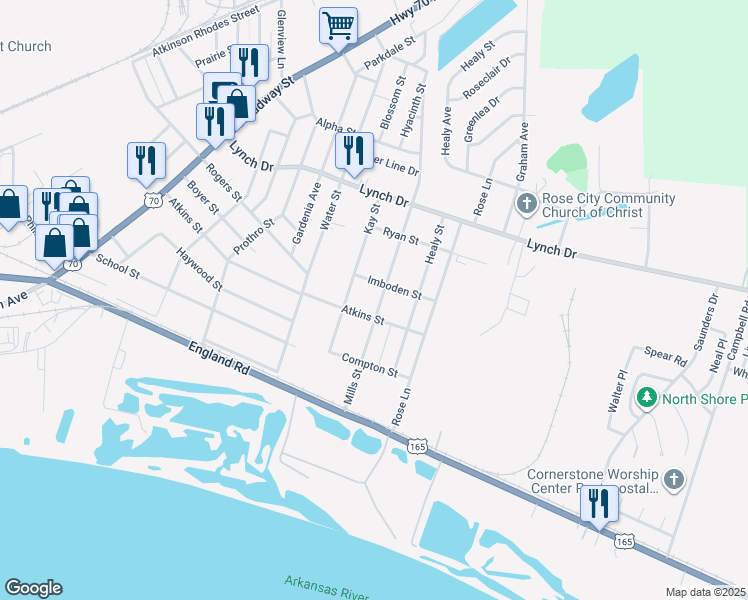 map of restaurants, bars, coffee shops, grocery stores, and more near 307 Mills Street in North Little Rock