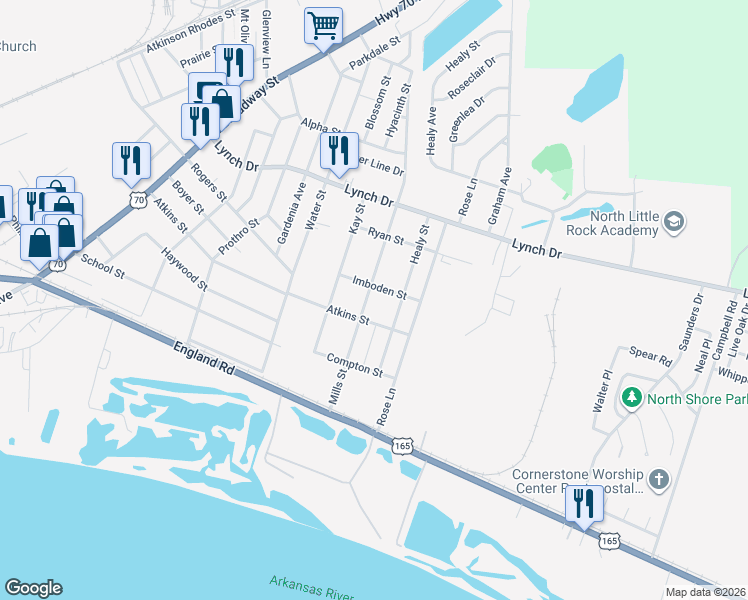 map of restaurants, bars, coffee shops, grocery stores, and more near 307 Mills Street in North Little Rock