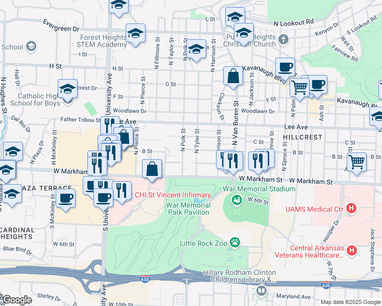 map of restaurants, bars, coffee shops, grocery stores, and more near 5411 B Street in Little Rock