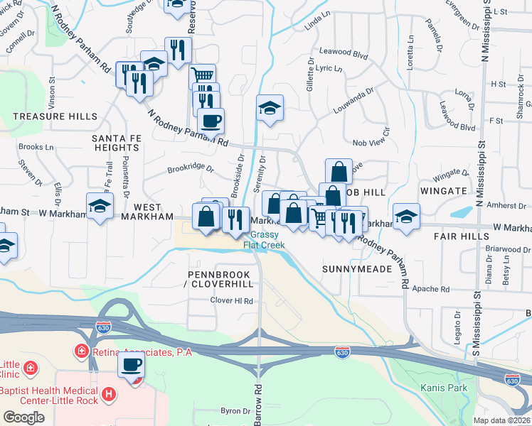map of restaurants, bars, coffee shops, grocery stores, and more near 4 Southbrook Circle in Little Rock
