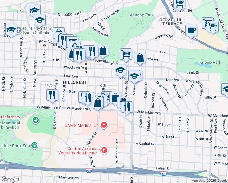 map of restaurants, bars, coffee shops, grocery stores, and more near 4112 B Street in Little Rock