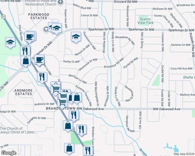 map of restaurants, bars, coffee shops, grocery stores, and more near 2214 Morningside Drive Northwest in Huntsville