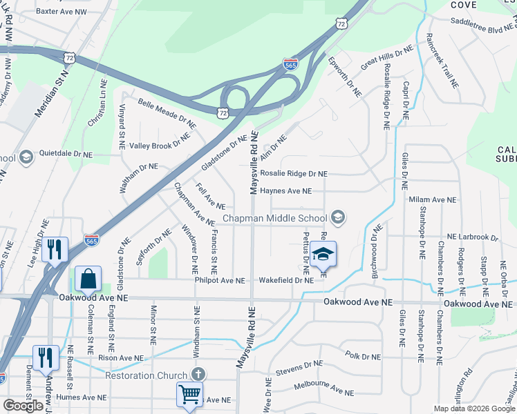 map of restaurants, bars, coffee shops, grocery stores, and more near 2206 Maysville Road Northeast in Huntsville