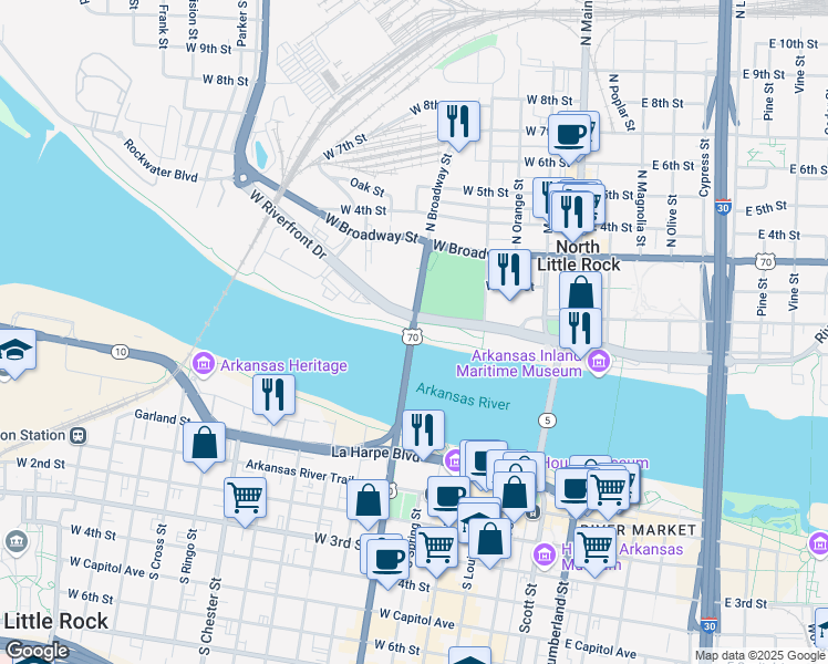 map of restaurants, bars, coffee shops, grocery stores, and more near 12 Broadway Bridge in North Little Rock
