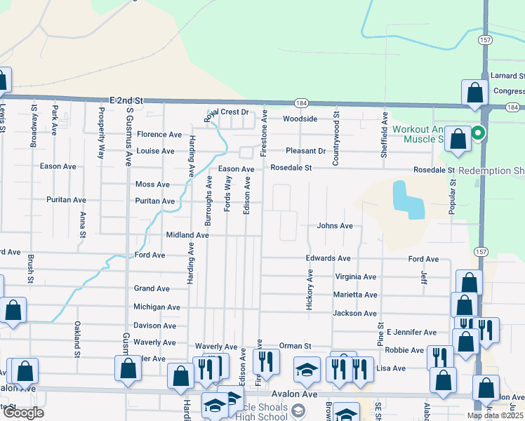 map of restaurants, bars, coffee shops, grocery stores, and more near 1692 Stephanie Drive in Muscle Shoals