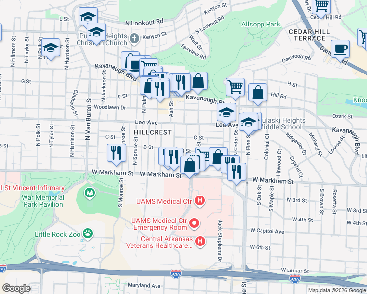 map of restaurants, bars, coffee shops, grocery stores, and more near 304 Walnut Street in Little Rock