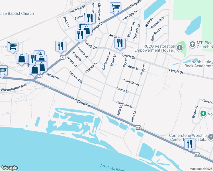 map of restaurants, bars, coffee shops, grocery stores, and more near 312 Water Street in North Little Rock