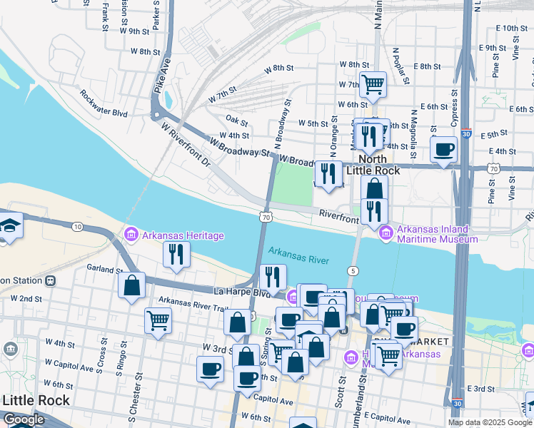 map of restaurants, bars, coffee shops, grocery stores, and more near 12 Broadway Bridge in North Little Rock