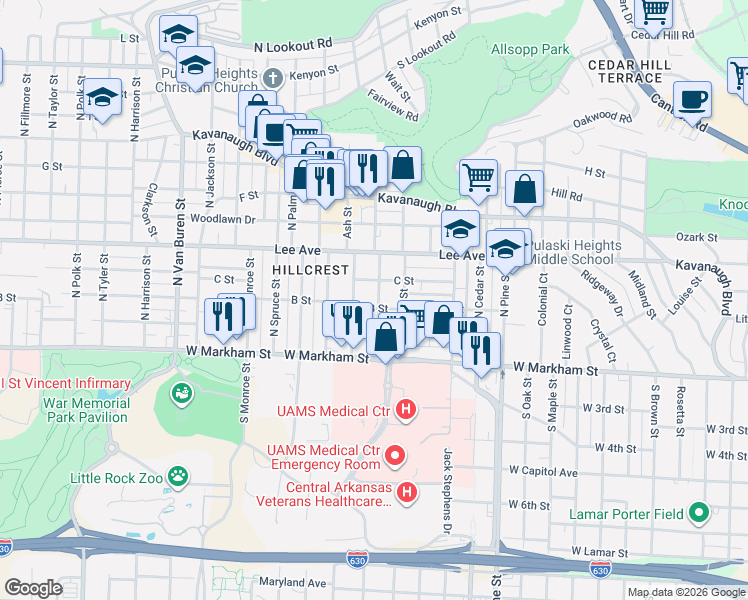 map of restaurants, bars, coffee shops, grocery stores, and more near 300 Walnut Street in Little Rock