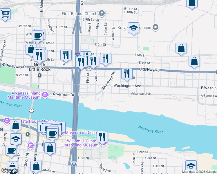 map of restaurants, bars, coffee shops, grocery stores, and more near 908 East Washington Avenue in North Little Rock