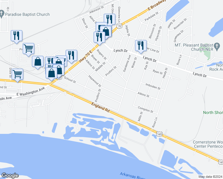 map of restaurants, bars, coffee shops, grocery stores, and more near 4901 Haywood Street in North Little Rock