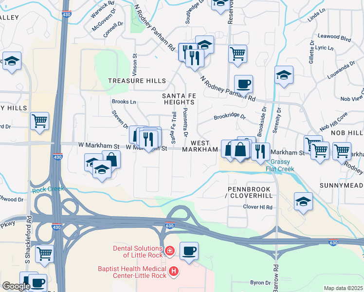 map of restaurants, bars, coffee shops, grocery stores, and more near 100 Poinsetta Drive in Little Rock