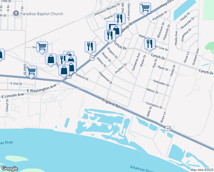 map of restaurants, bars, coffee shops, grocery stores, and more near 4717 School Street in North Little Rock