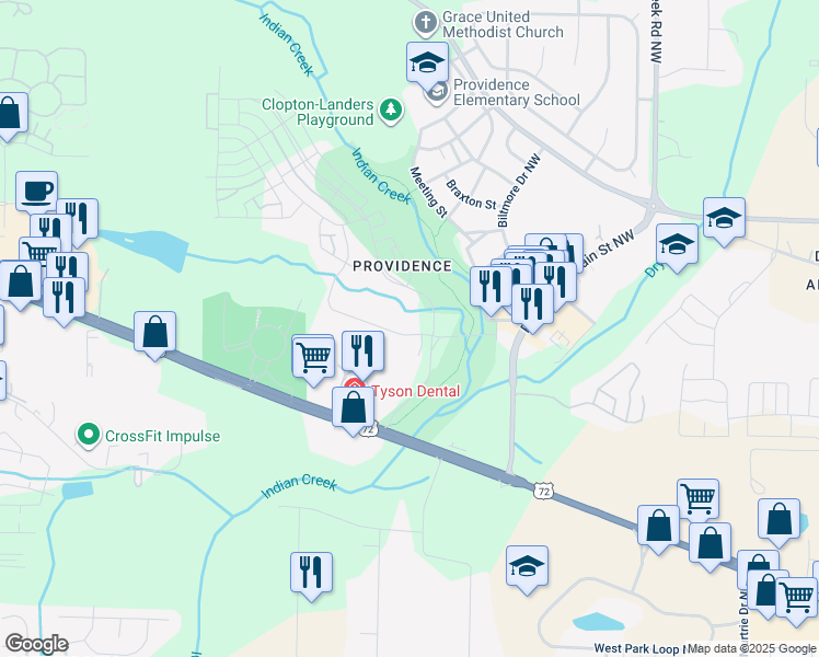 map of restaurants, bars, coffee shops, grocery stores, and more near 30 Gates Mill Street Northwest in Huntsville