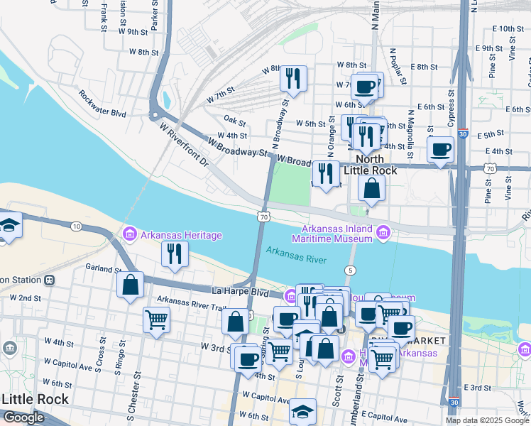 map of restaurants, bars, coffee shops, grocery stores, and more near Broadway Bridge in North Little Rock