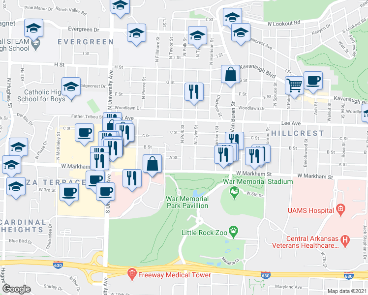 map of restaurants, bars, coffee shops, grocery stores, and more near 5411 B Street in Little Rock