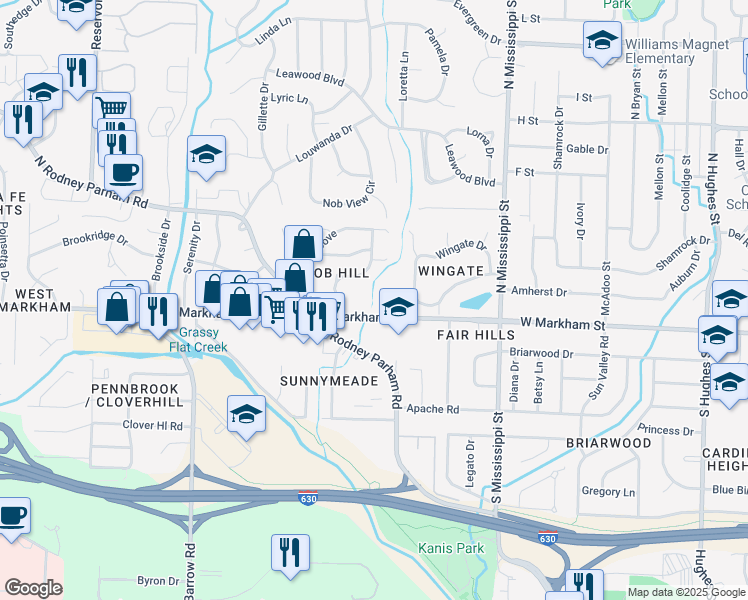 map of restaurants, bars, coffee shops, grocery stores, and more near 8118 West Markham Street in Little Rock