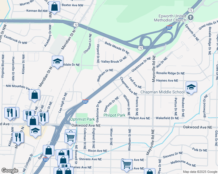 map of restaurants, bars, coffee shops, grocery stores, and more near 2502 Andrew Jackson Way Northeast in Huntsville