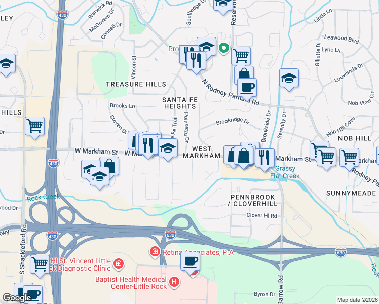 map of restaurants, bars, coffee shops, grocery stores, and more near 100 Poinsetta Drive in Little Rock