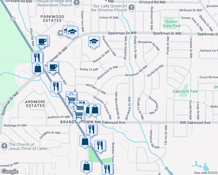 map of restaurants, bars, coffee shops, grocery stores, and more near 3921 Broadmor Road Northwest in Huntsville