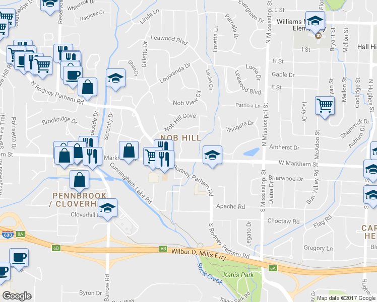 map of restaurants, bars, coffee shops, grocery stores, and more near 2 Markwood Road in Little Rock