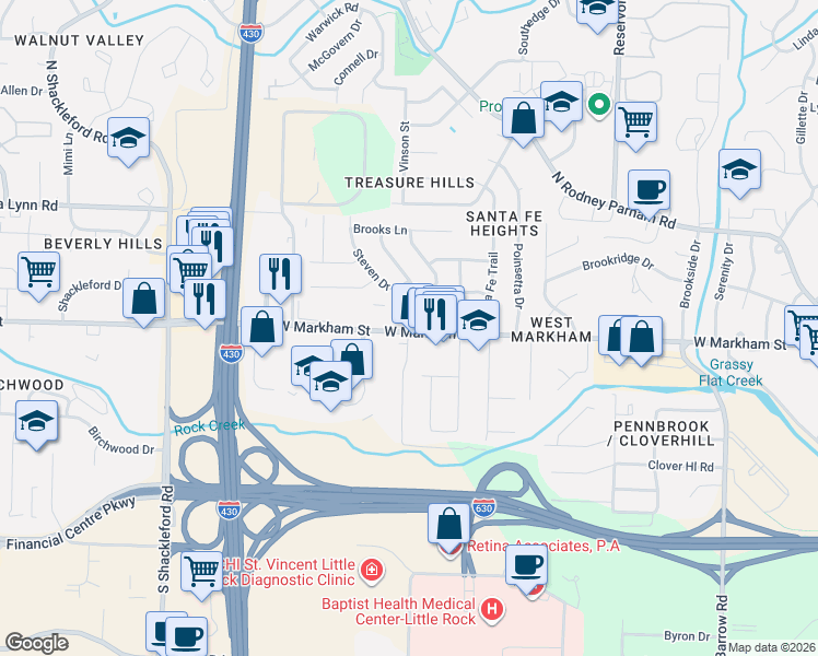 map of restaurants, bars, coffee shops, grocery stores, and more near 9923 West Markham Street in Little Rock
