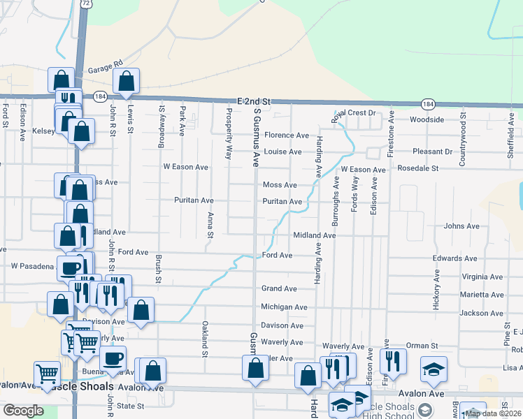 map of restaurants, bars, coffee shops, grocery stores, and more near 1004 Puritan Avenue in Muscle Shoals