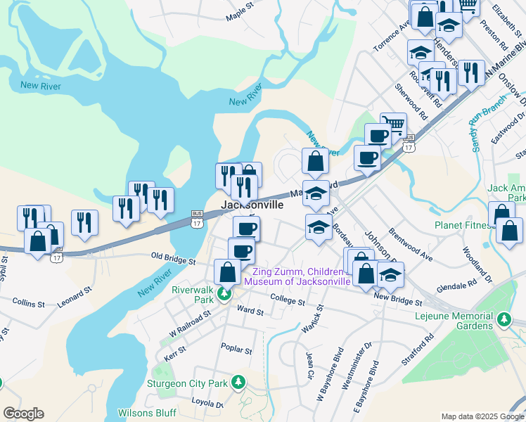 map of restaurants, bars, coffee shops, grocery stores, and more near 200 Marine Boulevard in Jacksonville