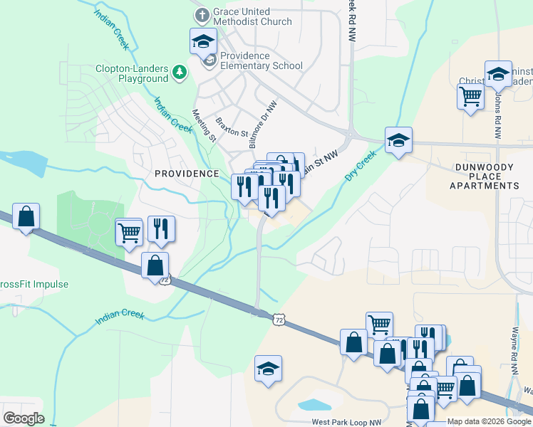 map of restaurants, bars, coffee shops, grocery stores, and more near in Huntsville