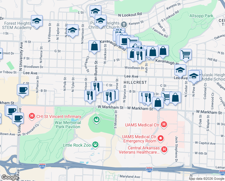 map of restaurants, bars, coffee shops, grocery stores, and more near in Little Rock