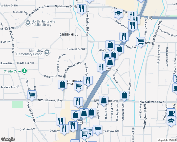 map of restaurants, bars, coffee shops, grocery stores, and more near 2301 Old Blue Spring Road Northwest in Huntsville