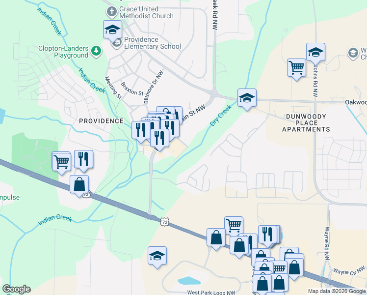 map of restaurants, bars, coffee shops, grocery stores, and more near 14 Arch Street Northwest in Huntsville