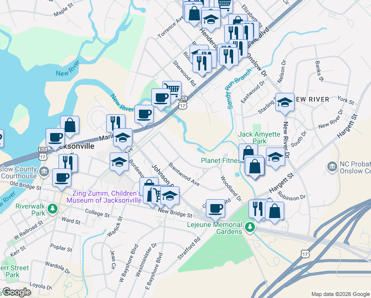 map of restaurants, bars, coffee shops, grocery stores, and more near 400 Woodland Drive in Jacksonville