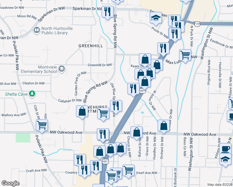 map of restaurants, bars, coffee shops, grocery stores, and more near 2301 Old Blue Spring Road Northwest in Huntsville