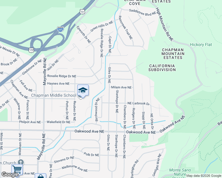 map of restaurants, bars, coffee shops, grocery stores, and more near 2112 Giles Drive Northeast in Huntsville